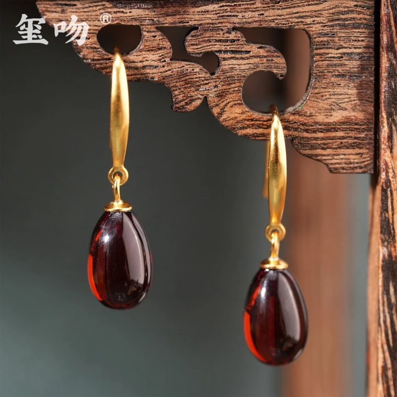 【玺吻】s925银 天然血珀镶嵌水滴耳坠耳钩气质百搭设计款