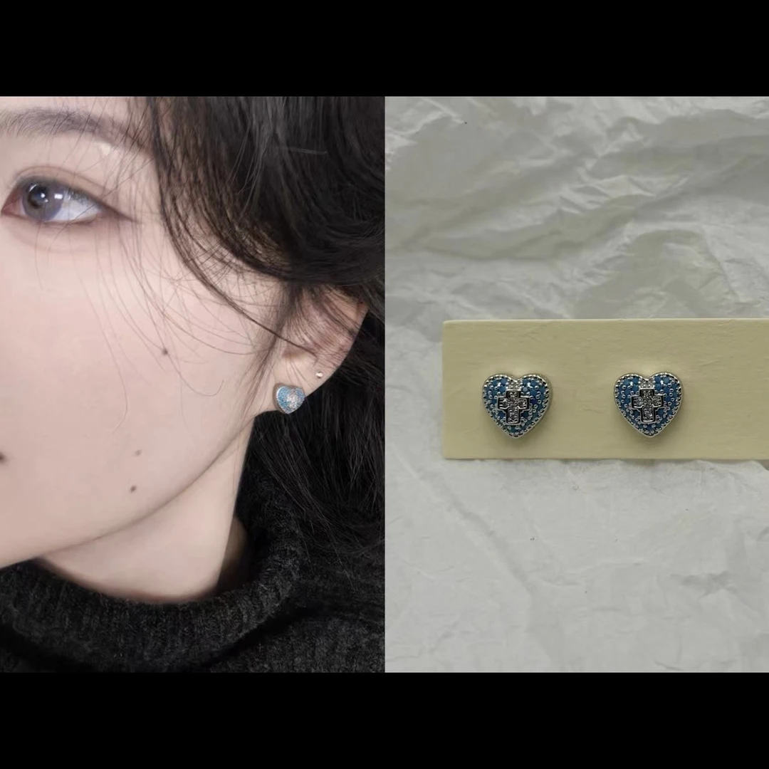 铜合金耳饰 C470蓝色爱心闪闪耳钉耳饰