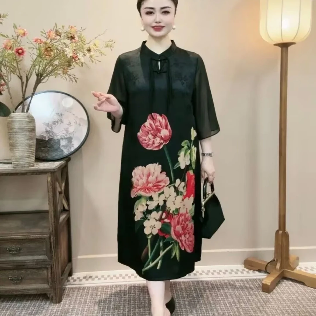 [国色天香]夏季网纱绣新中式提花A字裙连衣裙女装旗袍裙气质复古