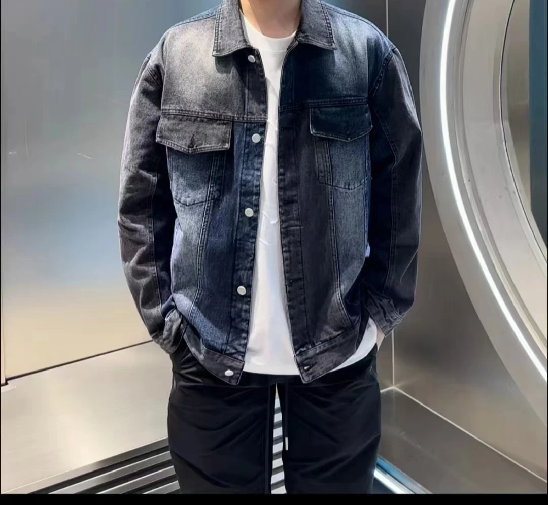 秋季拼接复古常规款长袖保暖夹克时尚蓝色上衣撞色牛仔潮流