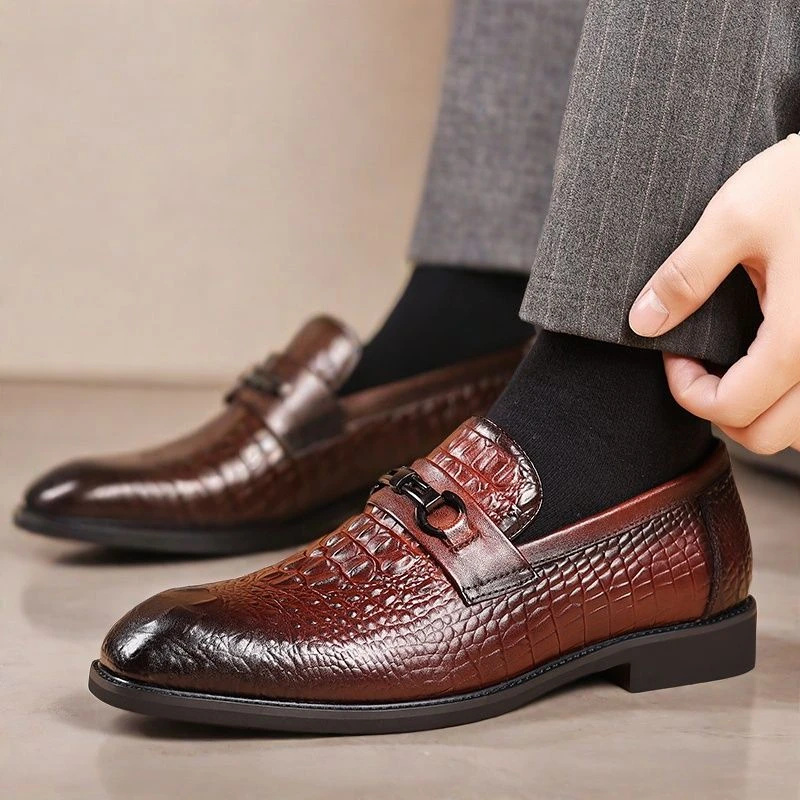 头层牛皮鳄鱼纹尖头商务正装皮鞋男鞋男士鞋子单鞋真皮潮款