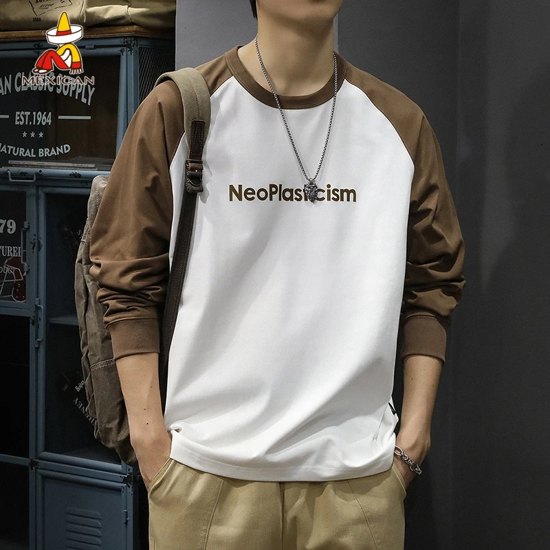 Mexican/稻草人秋季新款撞色插肩长袖t恤男宽松休闲圆领打底卫衣