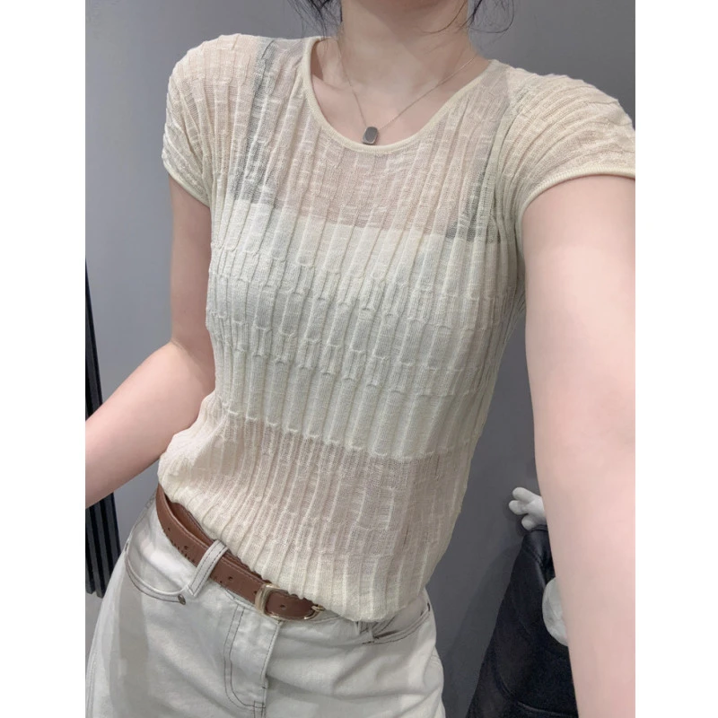 性感微透冰丝针织衫短袖女高级感气质百搭显瘦修身提花条纹上衣夏