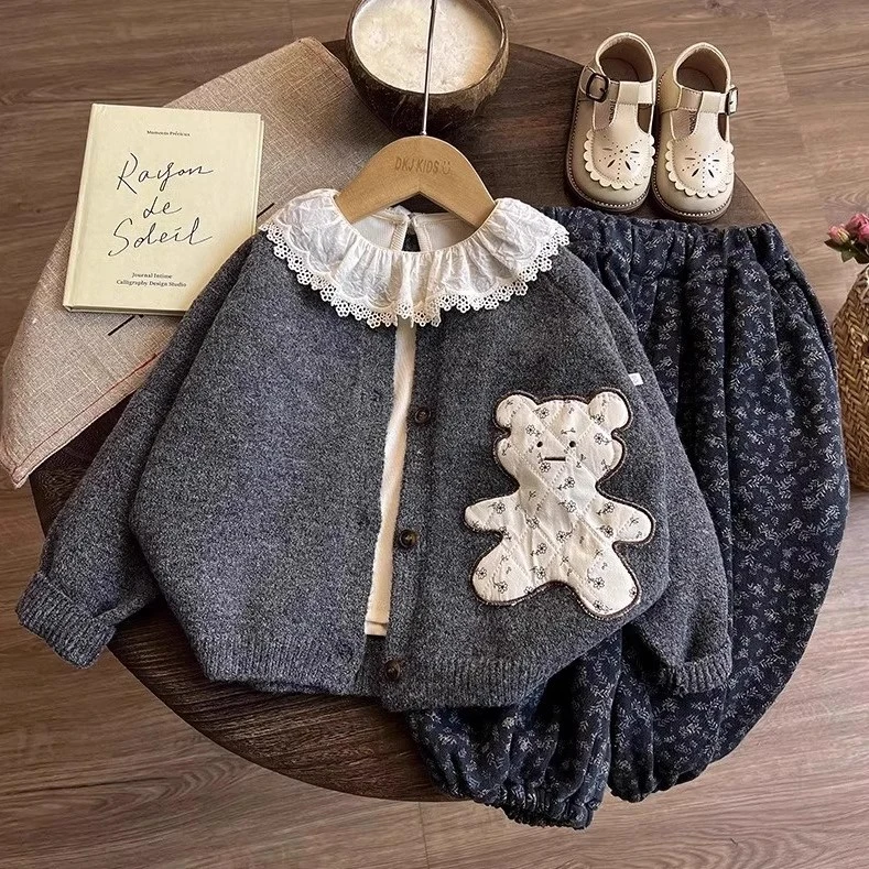 女童春秋款2025新款加绒三件套装儿童秋季森系毛衣女宝宝韩版秋冬