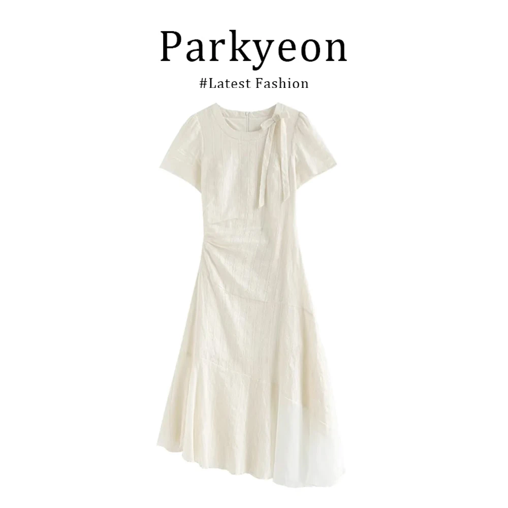 parkyeon法式优雅温柔风高腰气质长裙白色时尚风小众短袖连衣裙子
