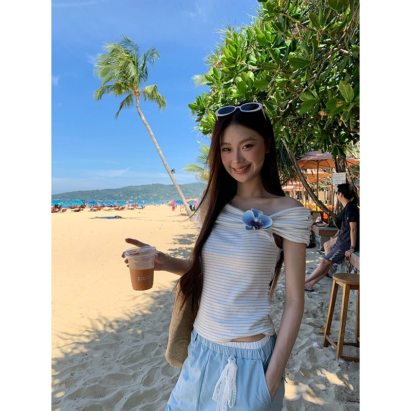蝴蝶兰】夏季露肩短款辣妹ins小众设计感显瘦修身条纹T恤251V0233#