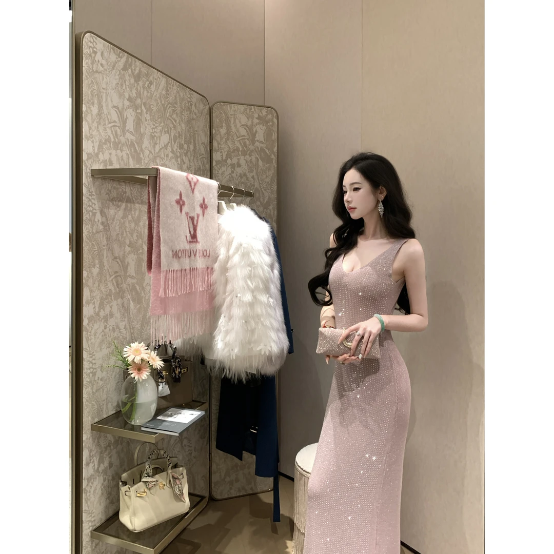 【雅乔定制】闪闪裙 V领烫钻毛织连衣裙法式气质长裙DYYY-250851056