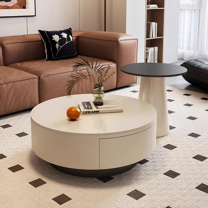 法式奶油风大小圆形岩板茶几桌小户型客厅家用高级感设计师小茶台