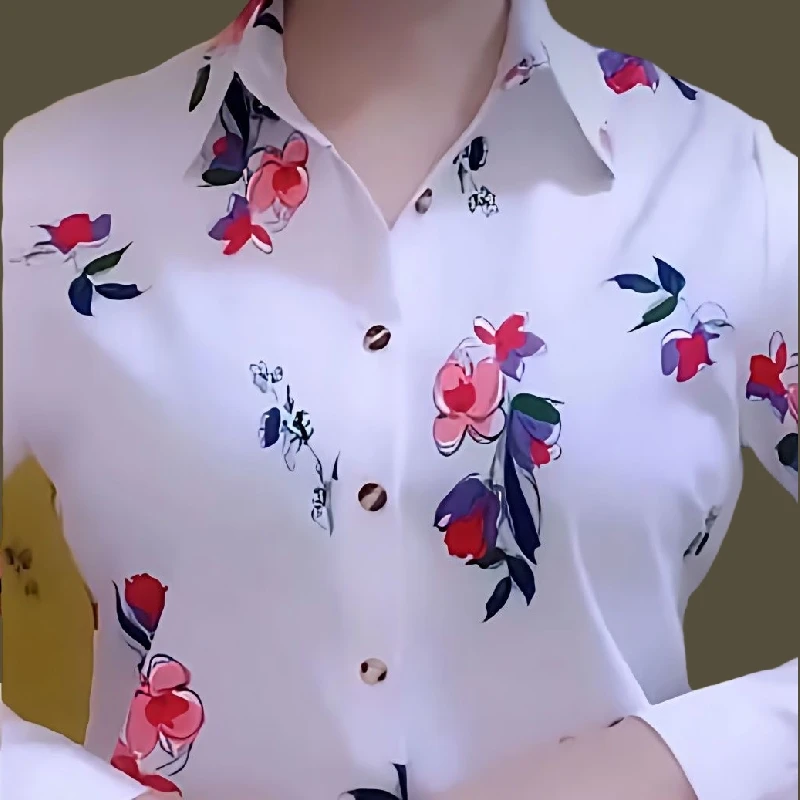 雪纺衬衫女长袖印花2025春秋新款花衬衣韩版修身洋气律动莫兰迪