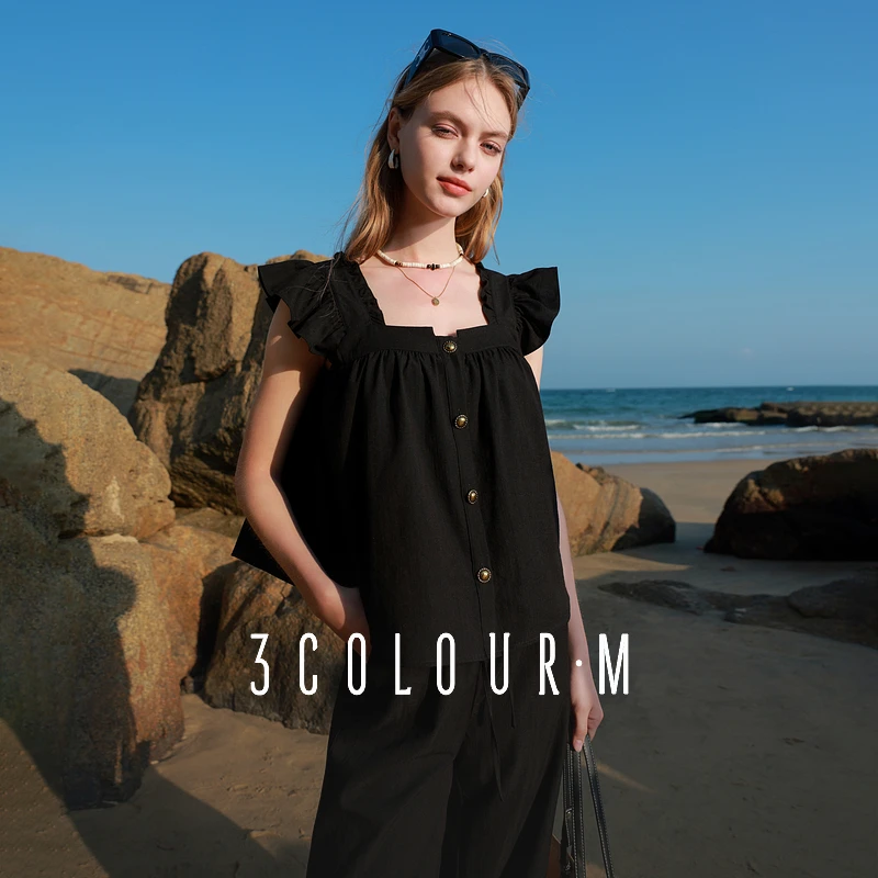 三彩2025夏季新款两件套休闲飞飞袖衬衫套装高腰阔腿裤长裤宽松女