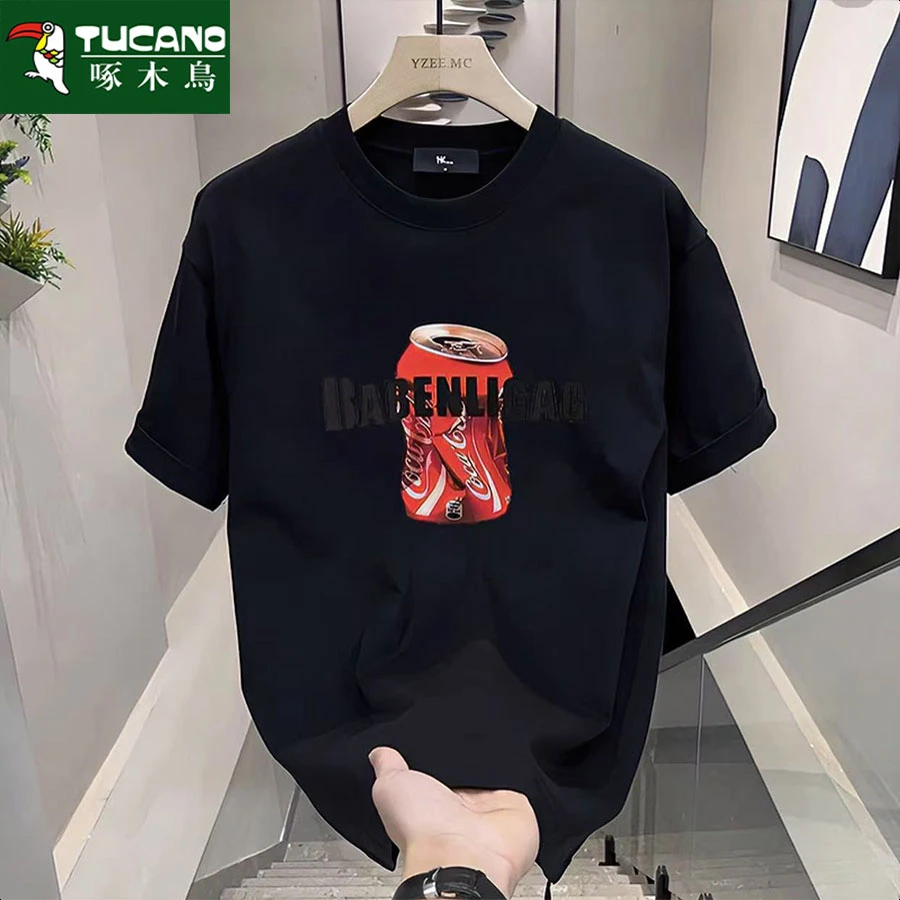 啄木鸟印花韩版圆领美式印花宽松纯棉T恤潮流ins黑色网红情侣短袖