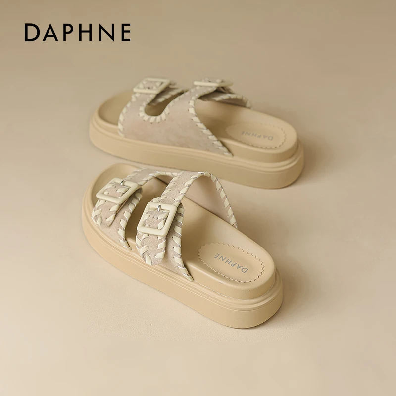 达芙妮鞋女外穿拖鞋2025新款夏季厚底一字半拖复古百搭沙滩凉鞋