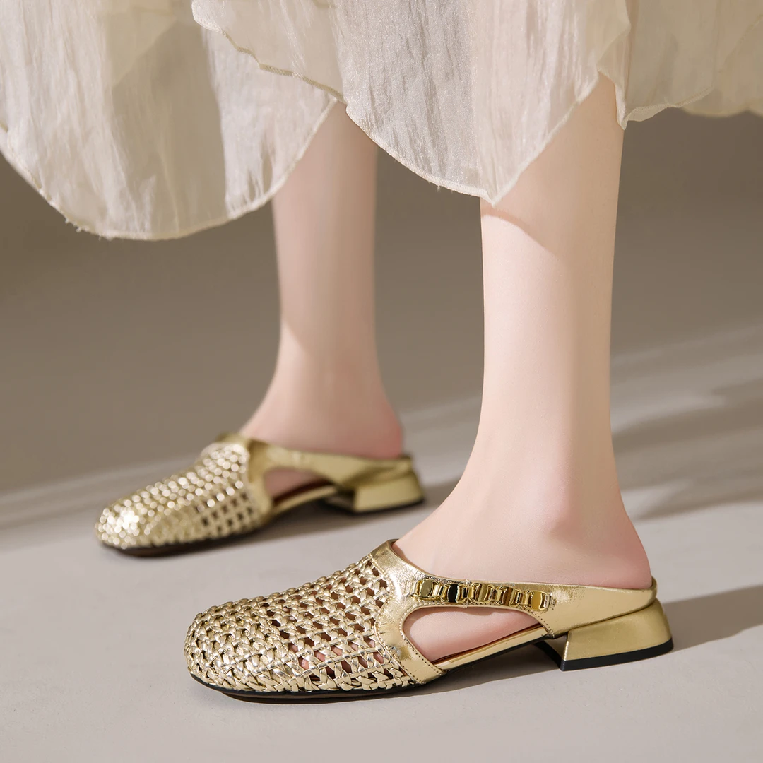 3cm~小众设计包头半拖鞋女夏外穿镂空编织大码穆勒凉拖鞋百搭女鞋