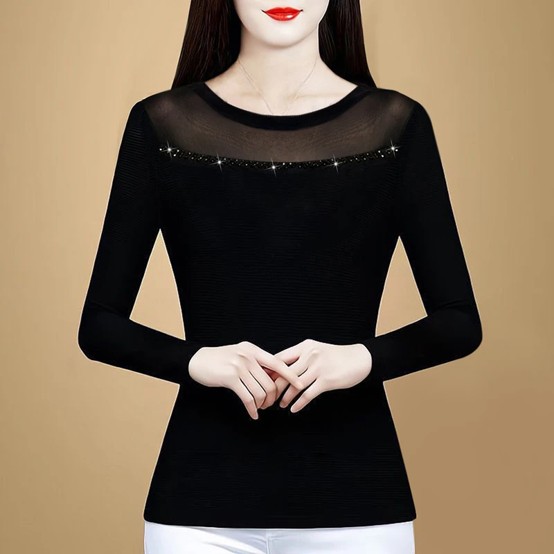 圆领网纱打底衫女内搭秋季2025新款黑色长袖T恤烫钻小衫蕾丝上衣