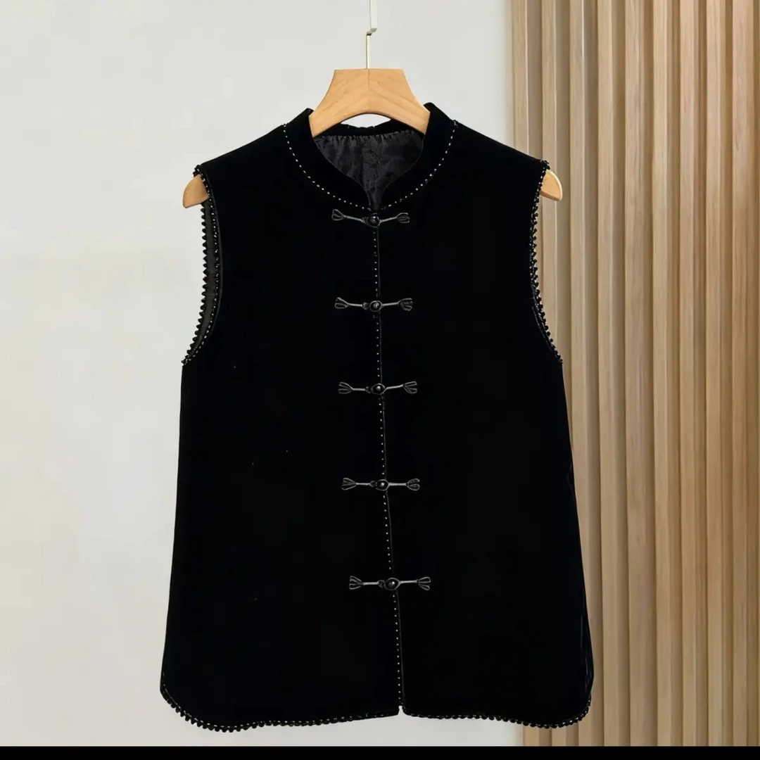 M8886秋季新款丝绒盘扣民族风立领宽松中老年女士唐装马甲