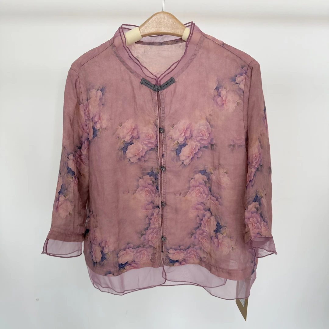 苎麻立领盘扣中袖小衫（2色）