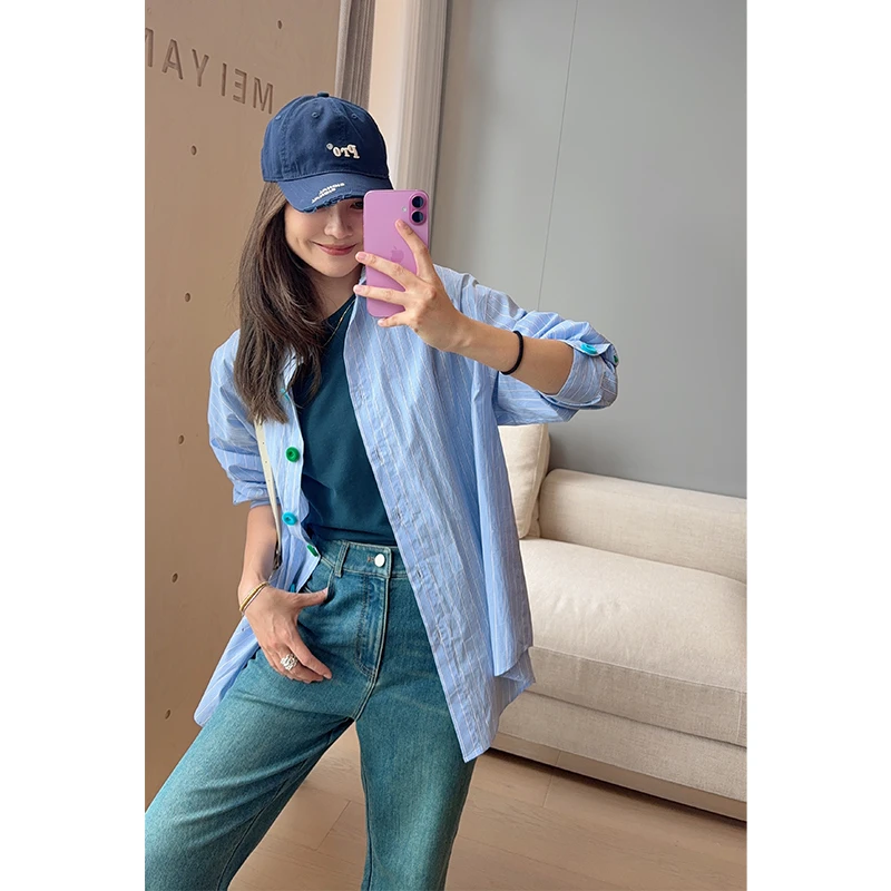 A美洋MEIYANG 糖豆衬衫 全棉条纹色织_多巴胺植绒扣宽松休闲衬衣