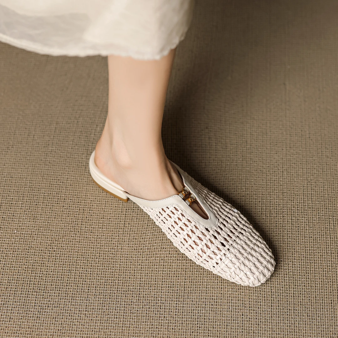 法式编织镂空包头半拖鞋女2025新款夏真皮洞洞凉鞋透气低跟凉拖