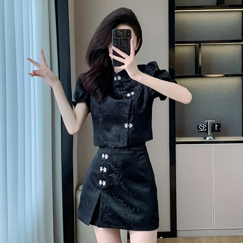 2024夏季新中式小个子年轻款国潮复古盘扣改良旗袍连衣裙国风套装