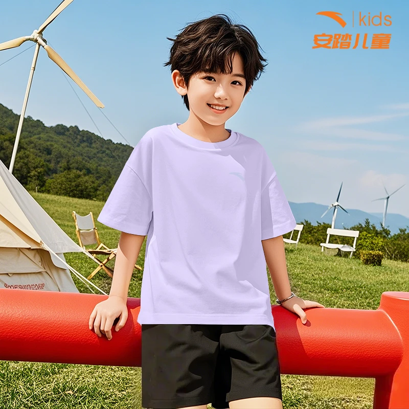 安踏儿童短袖纯棉款男童2025夏季新款T恤大童休闲舒适透气上衣男