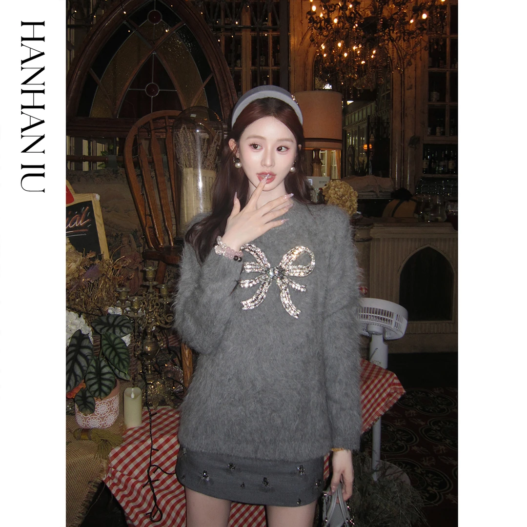 韩韩IU【耶鲁甜心】时尚气质苏力羊驼毛遮肉显瘦女士圆领宽松毛衣