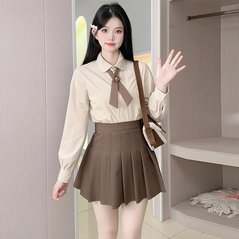 学院风长袖衬衫女秋款2025新款纽扣蝴蝶结磨毛圆领上衣显瘦百搭