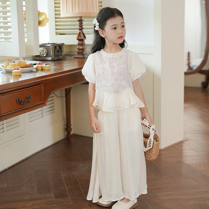 80658A女童套装法式温柔风蕾丝拼接上衣裤子2025夏季新款女孩套裤