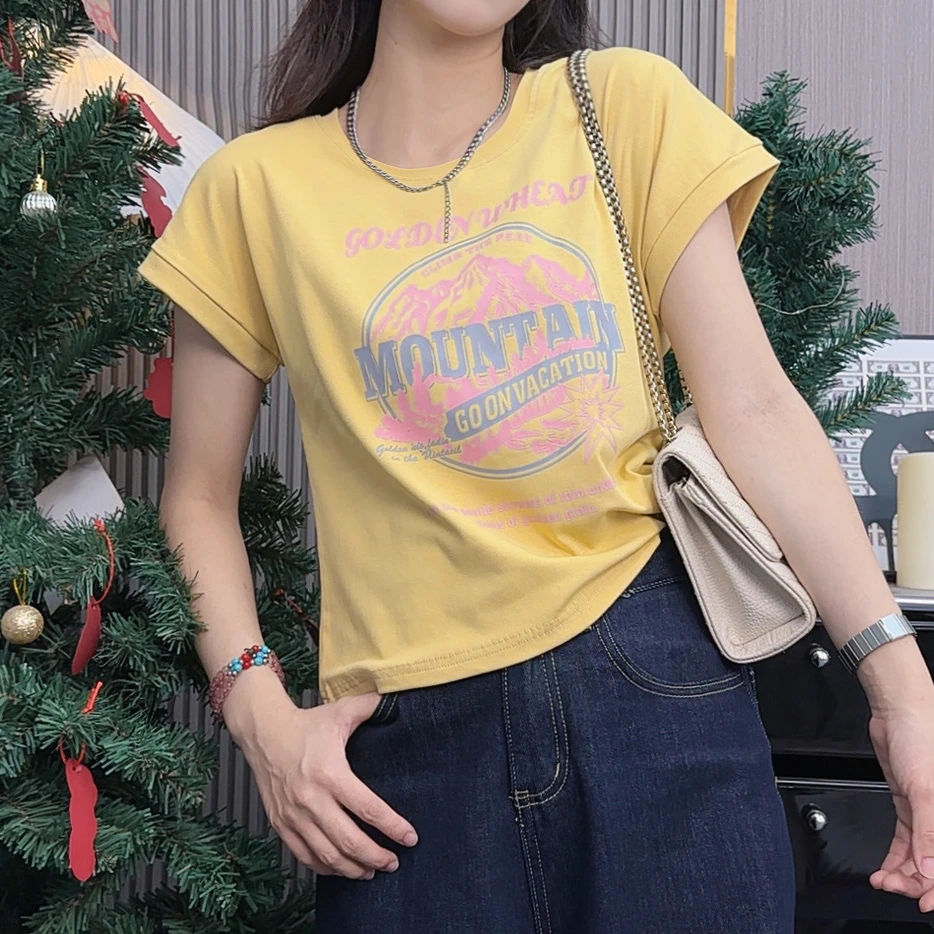 飞袖群山舒适时尚设计显瘦修身别致休闲夏季正肩圆领短袖t恤洋气