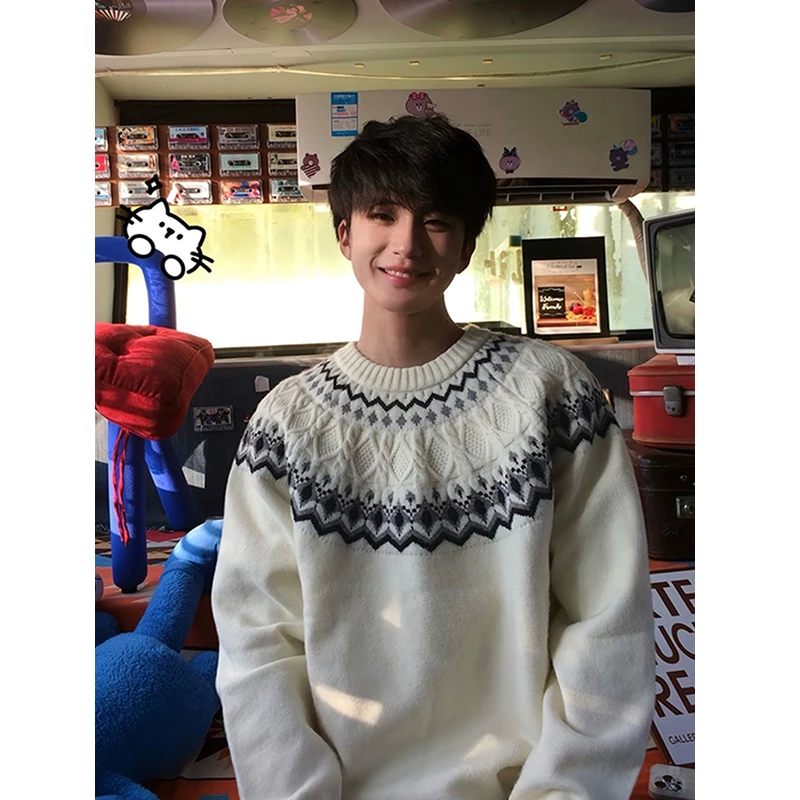 美式复古费尔岛提花毛衣男秋季cleanfit长袖针织衫慵懒风套头卫衣