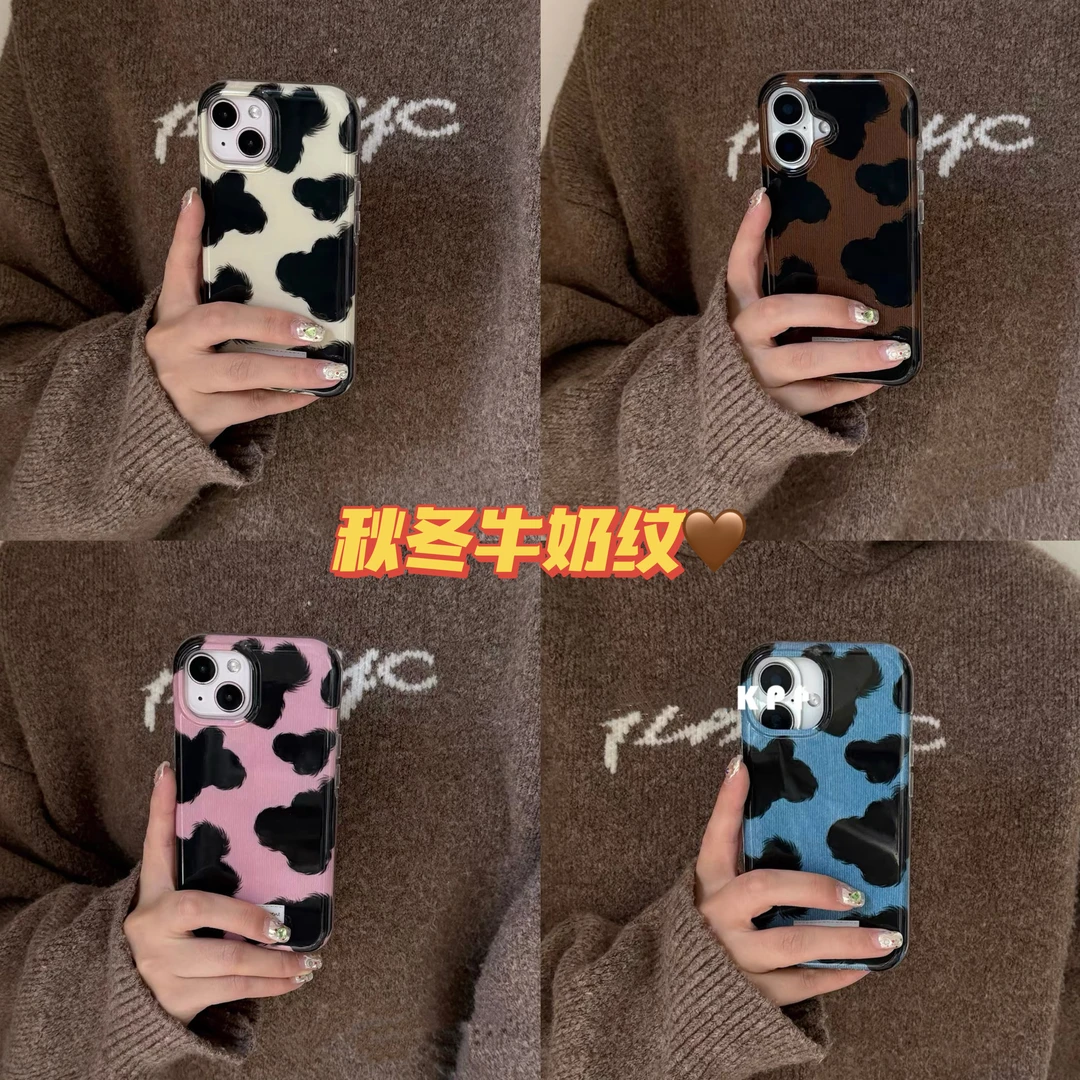 【包相机键】ins韩风奶牛纹手绳适用苹果16promax手机壳iPhone16/15