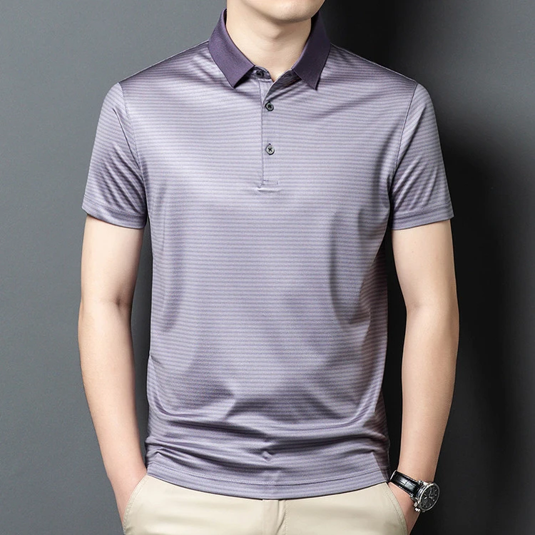 【6A级可机洗白玉桑蚕丝】男士短袖t恤2025夏季新款商务polo衫条纹