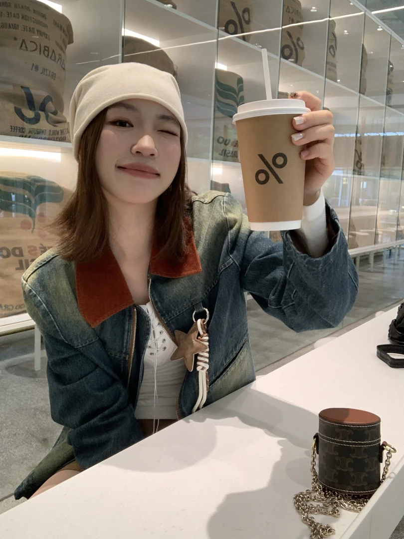 YOUER DENG 老板娘秋季新款 复古牛仔翻领外套