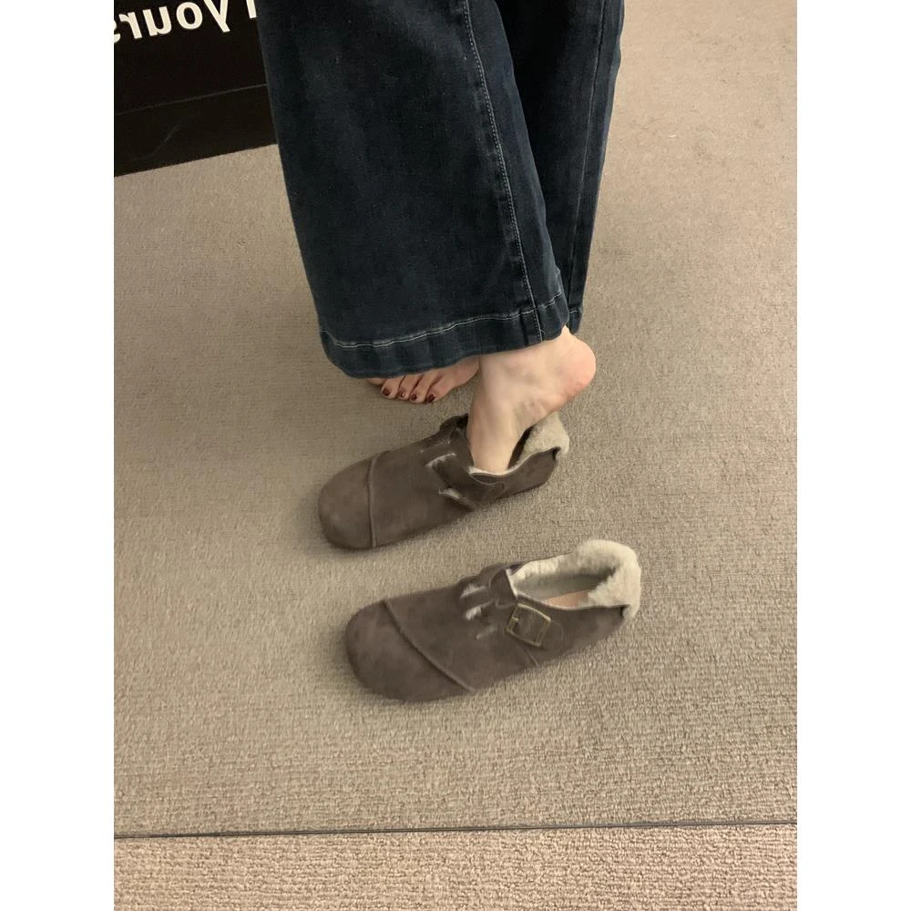 复古加绒真皮勃肯鞋保暖棉鞋女2024新款秋冬平底豆豆鞋毛毛鞋外穿