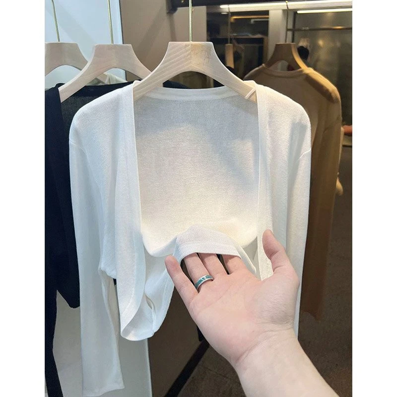 冰丝针织开衫女夏季薄款外搭短款长袖空调衫坎肩防晒披肩罩衫上衣