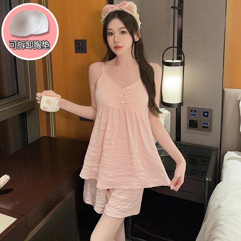 睡衣女套装套头女夏季大码甜美宽松云朵棉短袖短裤清新少女家居服