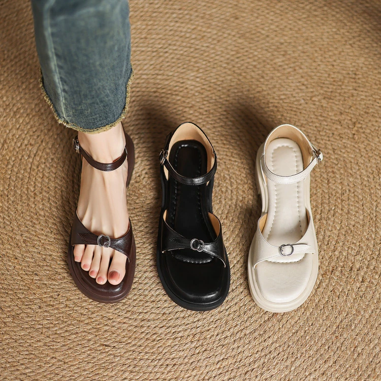 诗宝斐尔 粗跟3CM法式一字带露趾凉鞋女夏真皮踩屎感软底罗马凉鞋