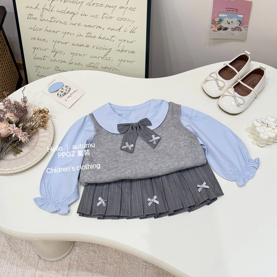 【泡泡格子】设计款秋冬女童学院风衬衫针织马甲百褶半裙三件套