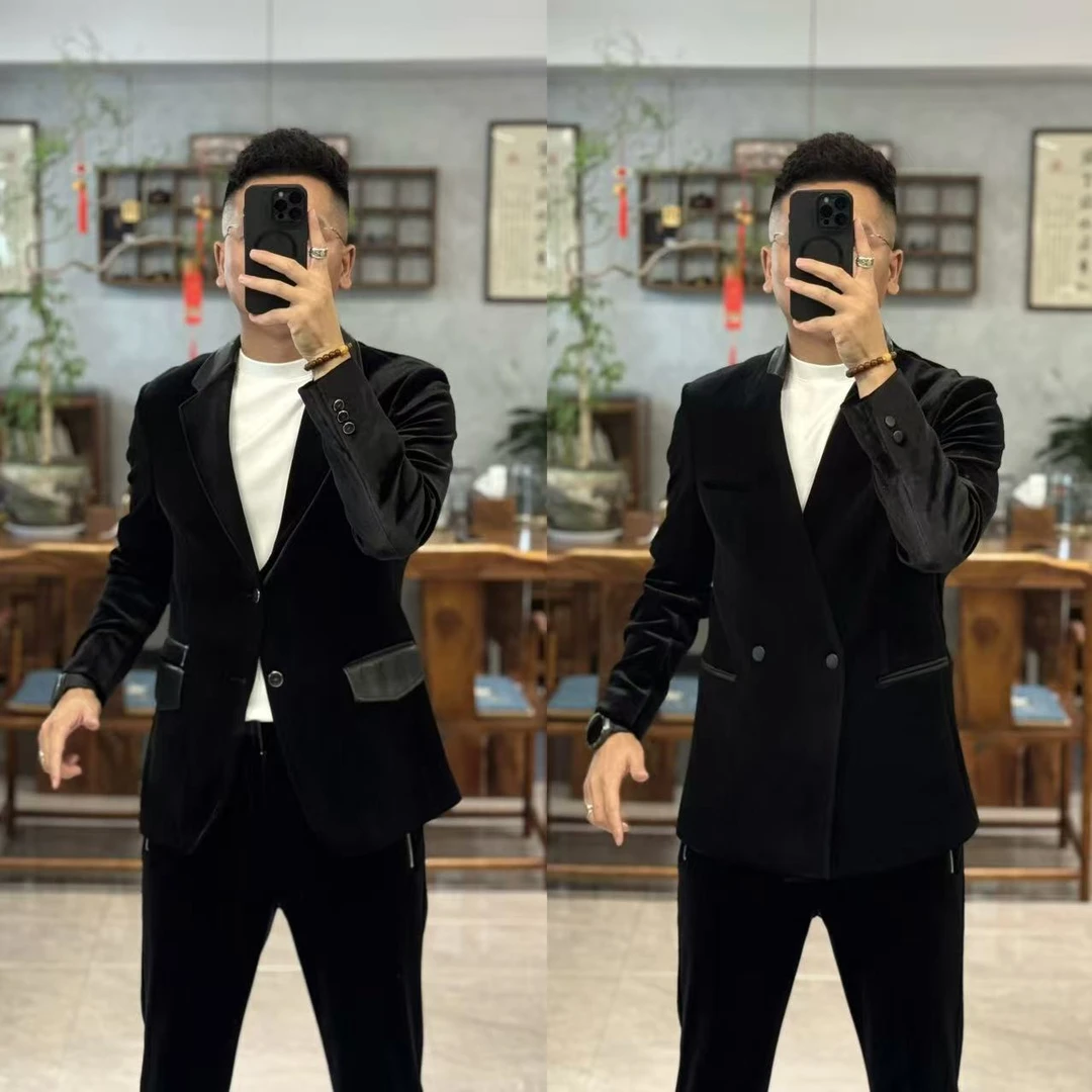 99119欧货秋季高定高品翻领单排扣拼羊皮男士丝绒西服