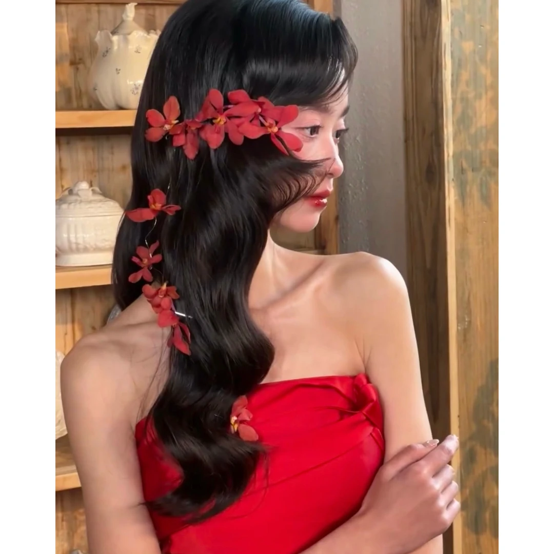 南一｜中国红 新中式露水花瓣 流苏发饰