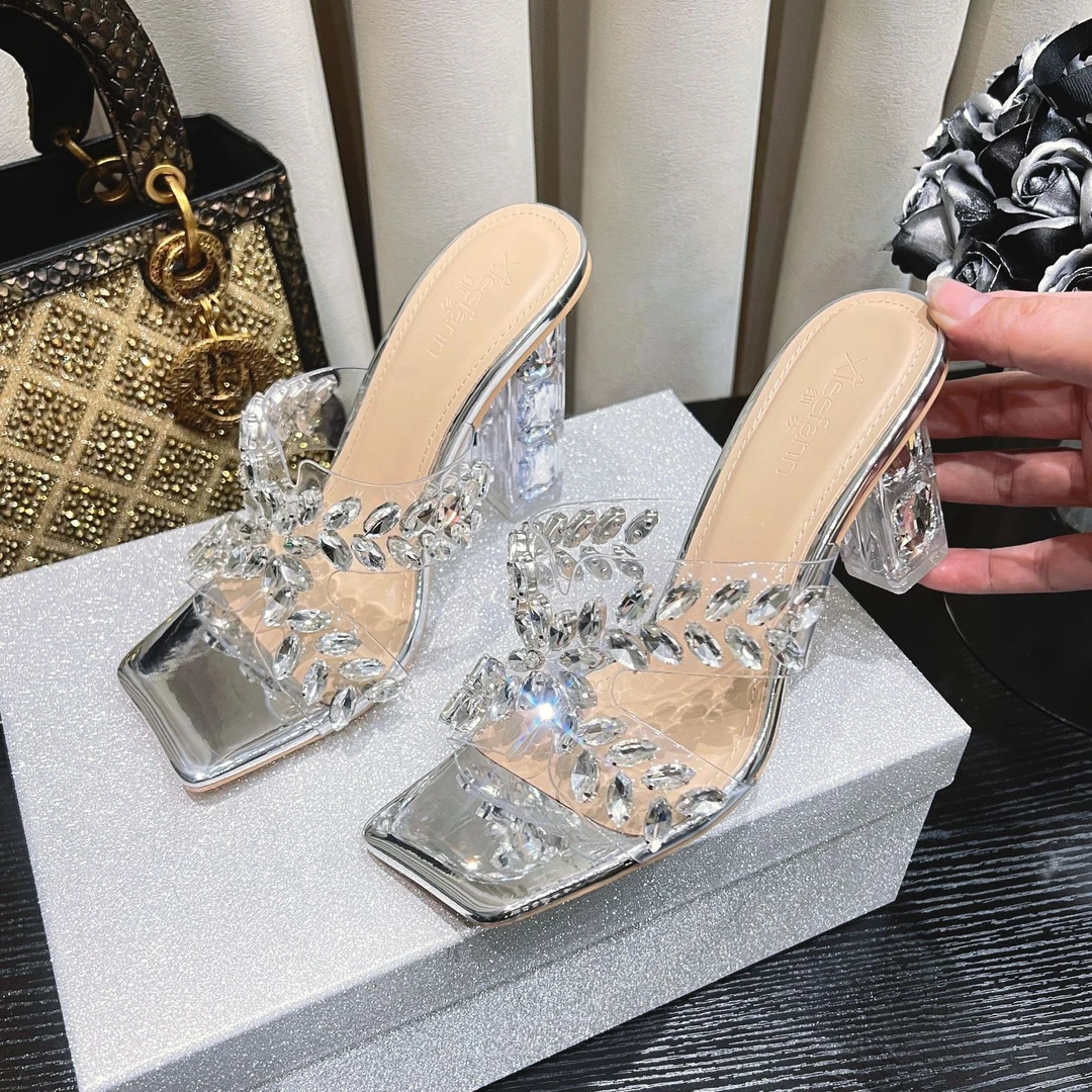 【DESROLAN】25夏季新款透明方头水钻高跟鞋女粗跟仙女风凉拖鞋外穿