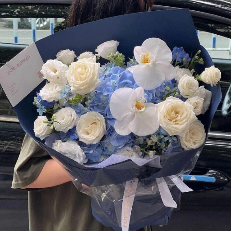 【Island海岛】蓝绣球蝴蝶花束白玫瑰混搭蓝白色系鲜花花束生日鲜花店送花上门保颜值保品质