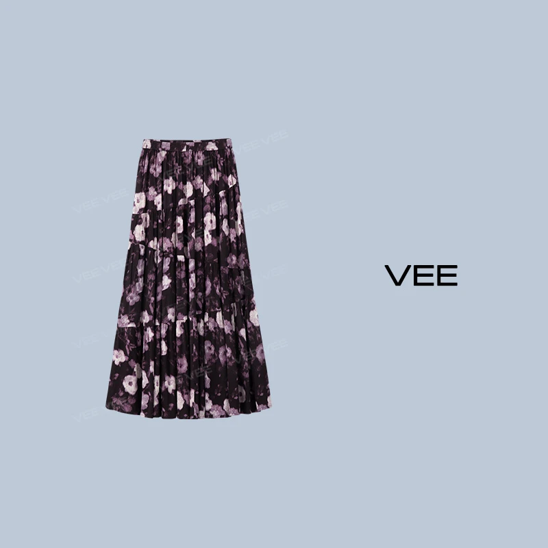VEE【一路繁花】新款时尚百搭复古气质显瘦印花紫色碎花A字长半裙