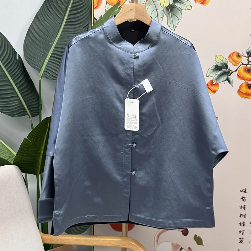 预九条蚕100桑蚕丝60贵妇皮灰蓝色香云纱马蹄袖外套