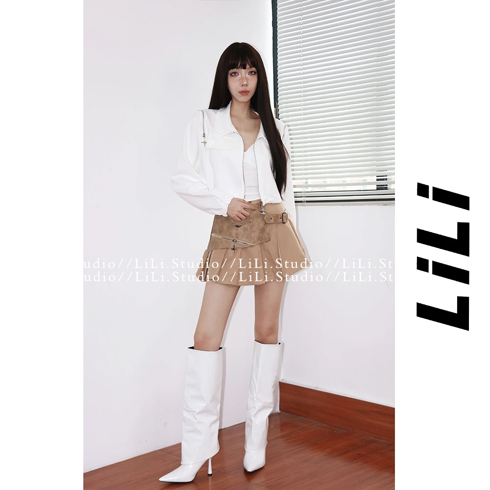 【李里家】辣妹设计感露肩拉链四芒星短外套宽松抽绳夹克上衣5086