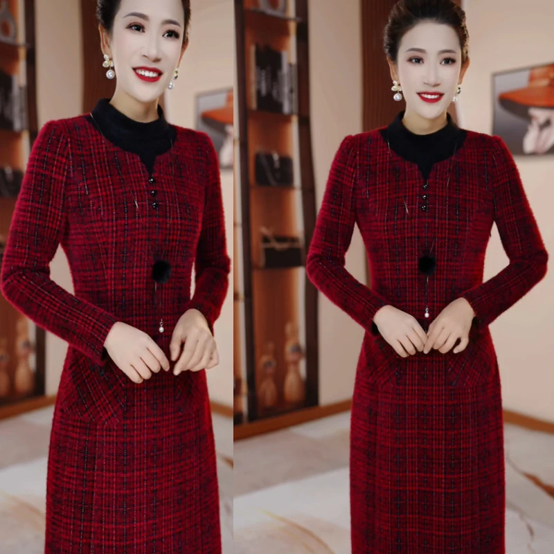 贵妃绒红色格纹冬季加厚修身显瘦遮肉连衣裙H5B392气质高雅