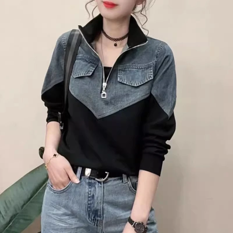 立领卫衣女2025春季新款时尚爆款韩版洋气拼接牛仔百搭显瘦上衣潮