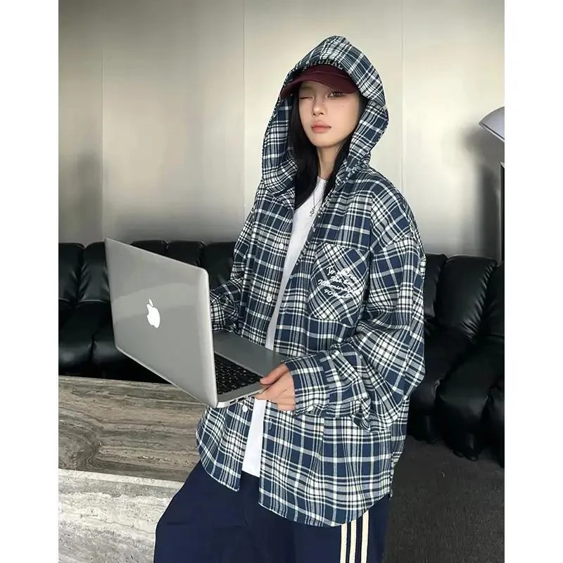 【林子烨同款】404MOB加厚格纹刺绣连帽长袖衬衫男秋季蓝色格子外套