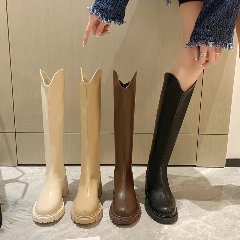 【6厘米增高】经典百搭粗跟骑士长筒小个子瘦瘦长靴秋冬粗跟瘦腿
