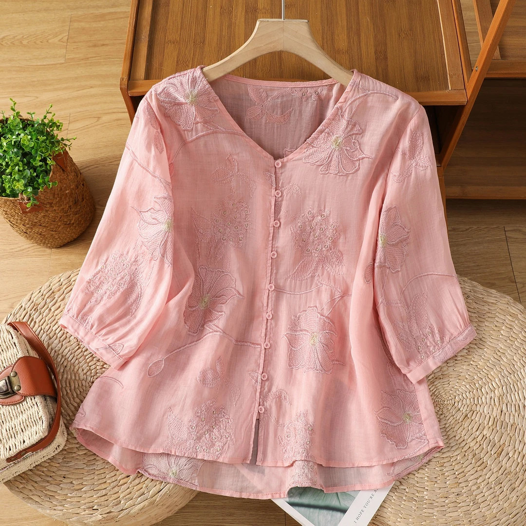 新中式苎麻刺绣V领衬衫女夏五分袖衬衣宽松显瘦棉麻国风绣花上衣