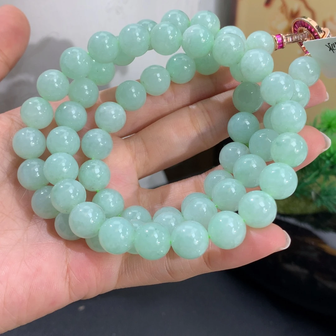 翡翠未镶嵌手串卡10细润淡淡果绿项链